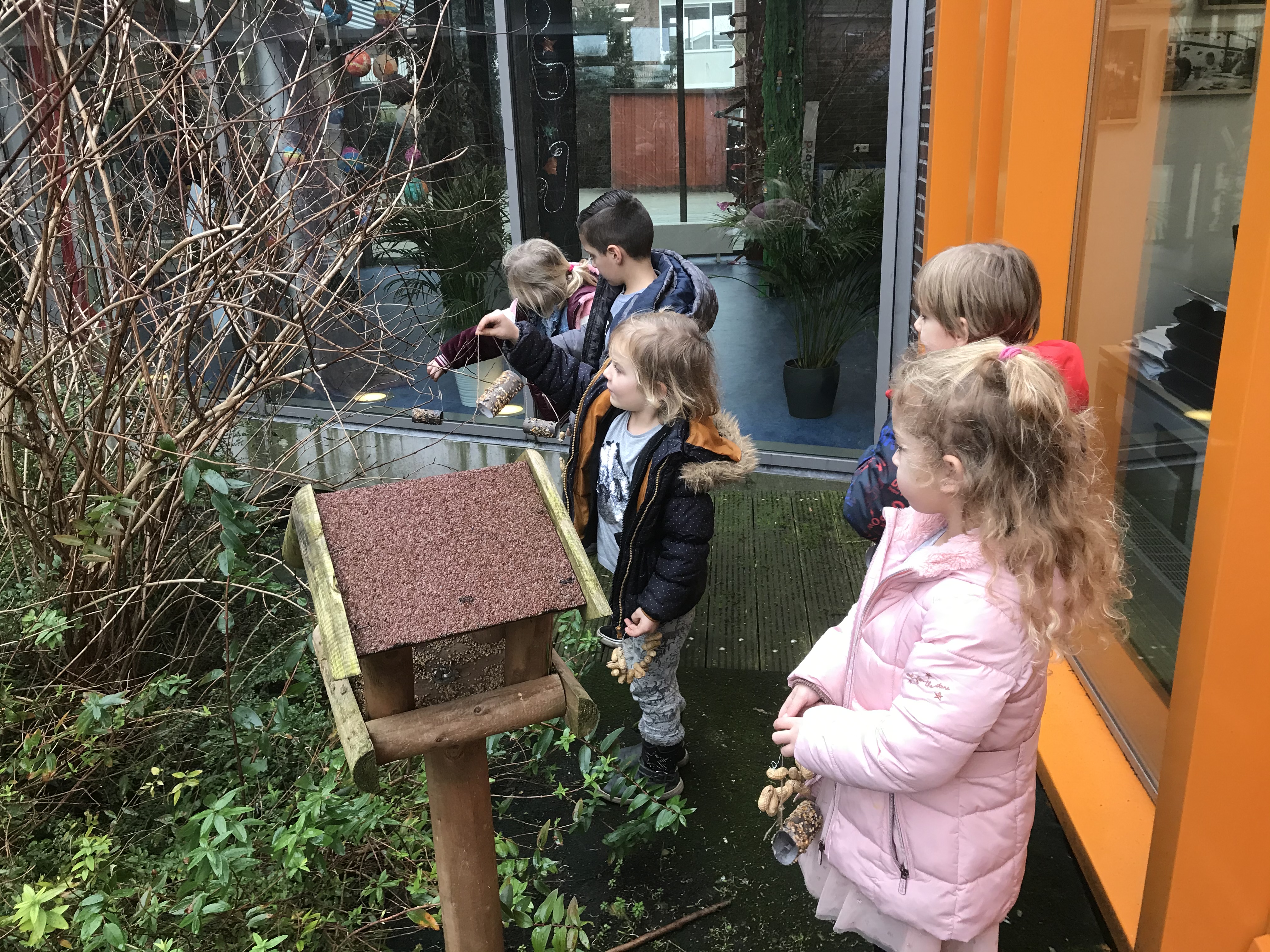 Het vogelvoer ophangen in de tuintjes van de school
